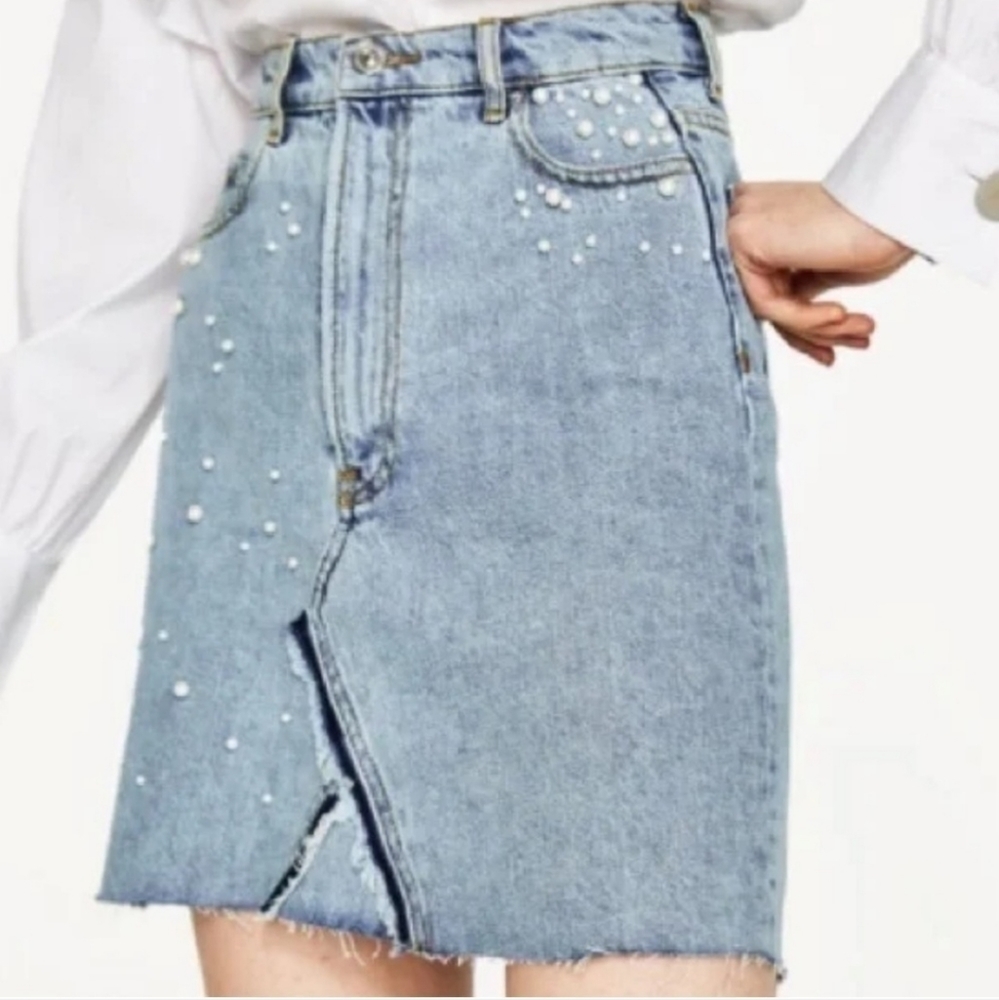 ZARA Blue Denim Jean Skirt Pearl Embellished NWOT Premium Collection Size XS